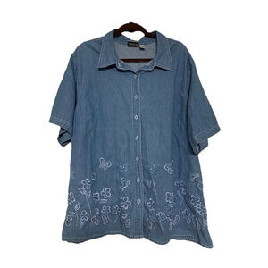 Vintage Club Z Collection Denim Floral Butterfly Embroidered Button Front Top 3X